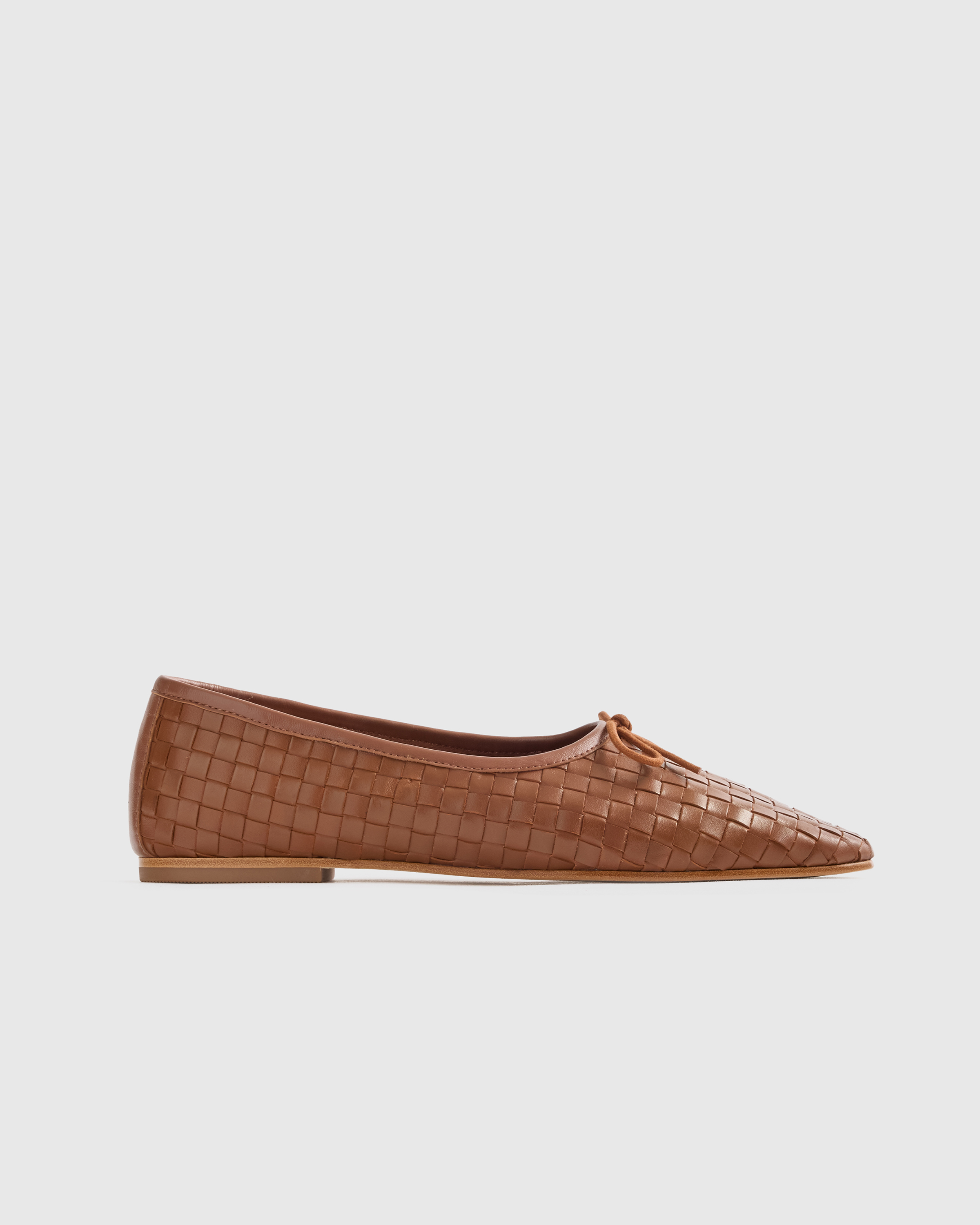 Italian Leather Handwoven Square Toe Ballet Flat in Cognac