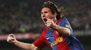 Lionel Messi celebrates after scoring his second goal for Barcelona against Real Madrid at Camp Nou in March 2007.