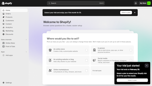 Shopify starting page screenshot
