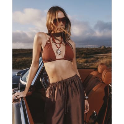 Brown Ribbed Triangle Ring Bikini Top