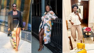 Camille Darby in three outfits featuring postpartum clothes