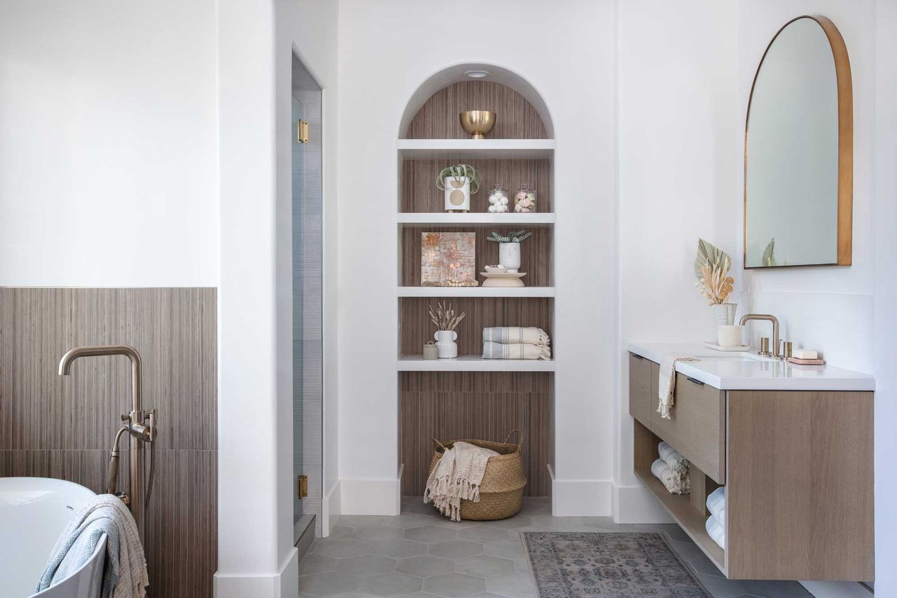 a modern bathroom with ample storage