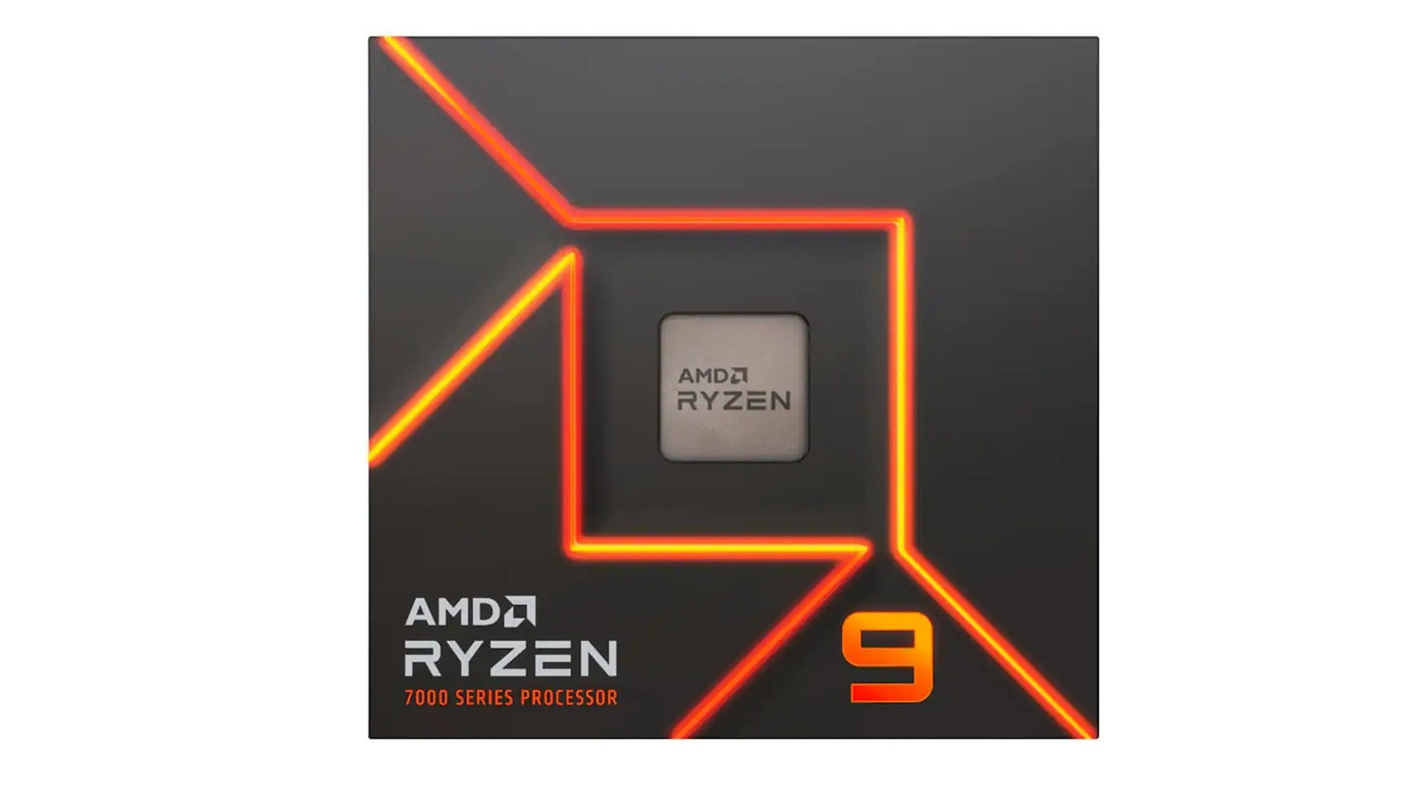 Packaging for AMD Ryzen 9 7000 Series Processor. The black box features orange LED-like lines and a visible processor, conveying a high-tech and powerful feel.