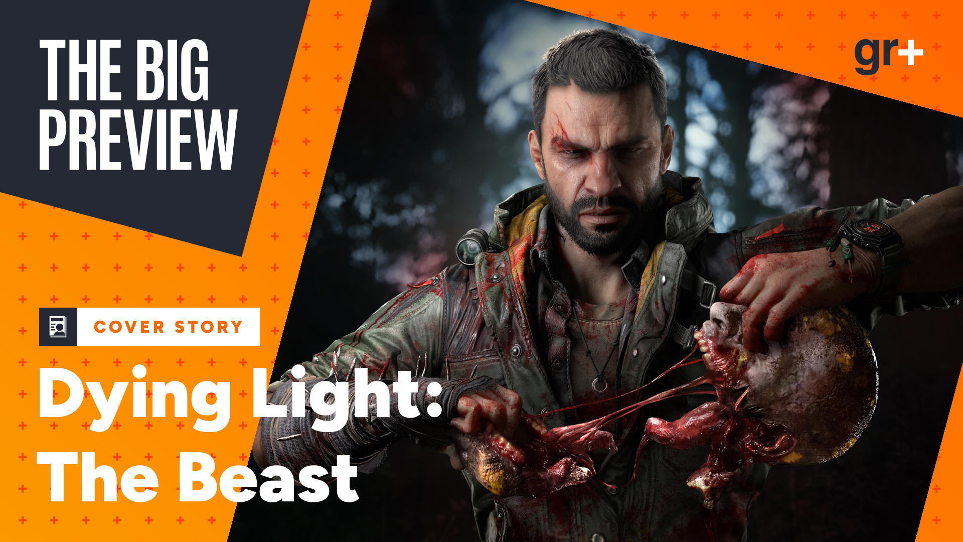 Dying Light The Beast hero image for GamesRadar+ Big Preview showing Kyle Cane ripping a zombie apart with his hands. 