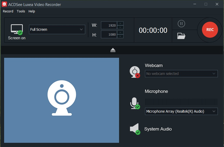 ACDSee Luxea Video Editor's built-in screen recorder
