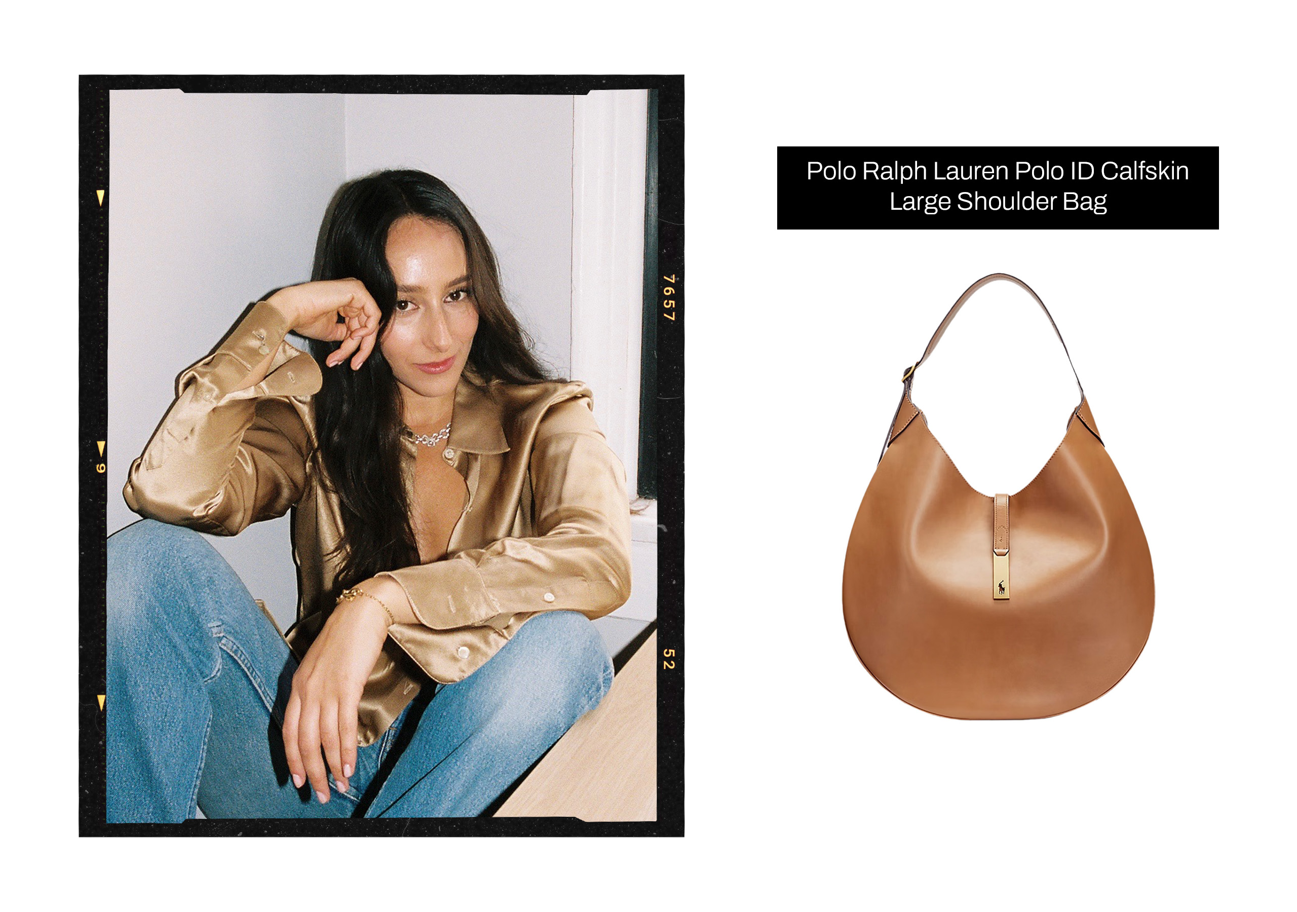 Headshot of a woman within a black film frame next to a product image of a work bag