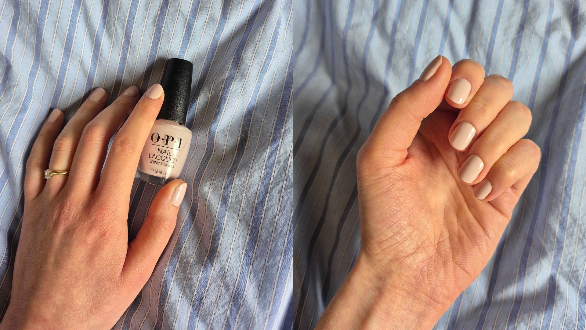 Two close-up pictures of Digital Beauty Writer, Naomi Jamieson's hands with the OPi OPI&amp;rsquo;m a Bubble Bunny Nail Lacquer applied to her nails and alongside a bottle of the polish/ over the top of blue striped bedspread.