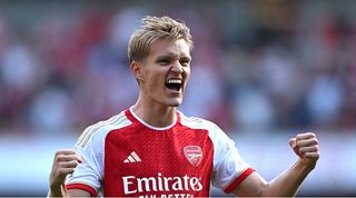 Martin Odegaard celebrates during Arsenal's victory over Manchester United in September 2023