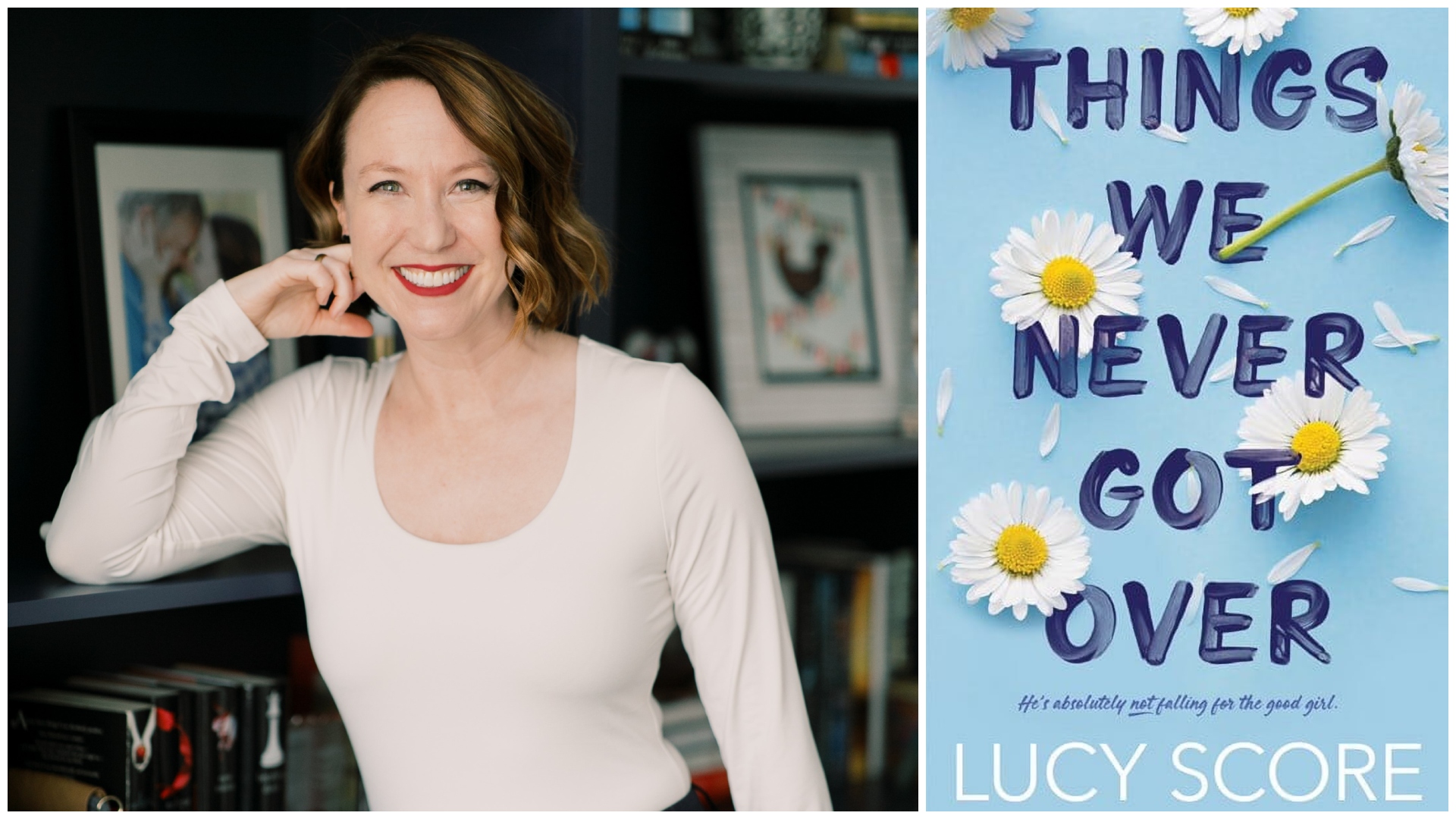 a split image of author lucy score leaning against a book shelf and the cover of her novel things we never got over