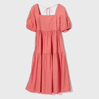 Linen Blend Shirring Volume Sleeved Dress