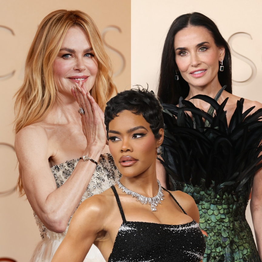 three actresses in glamorous makeup at the 2026 Oscars