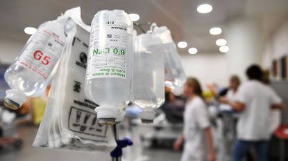 Various IV fluids ready for use in the emergency room of the Hôpital de la Timone hospital in Marseille