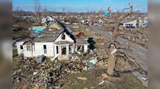 In this aerial view of Mayfield, Kentucky, homes are shown badly destroyed after a tornado ripped through the area overnight Friday, Dec. 10, 2021.