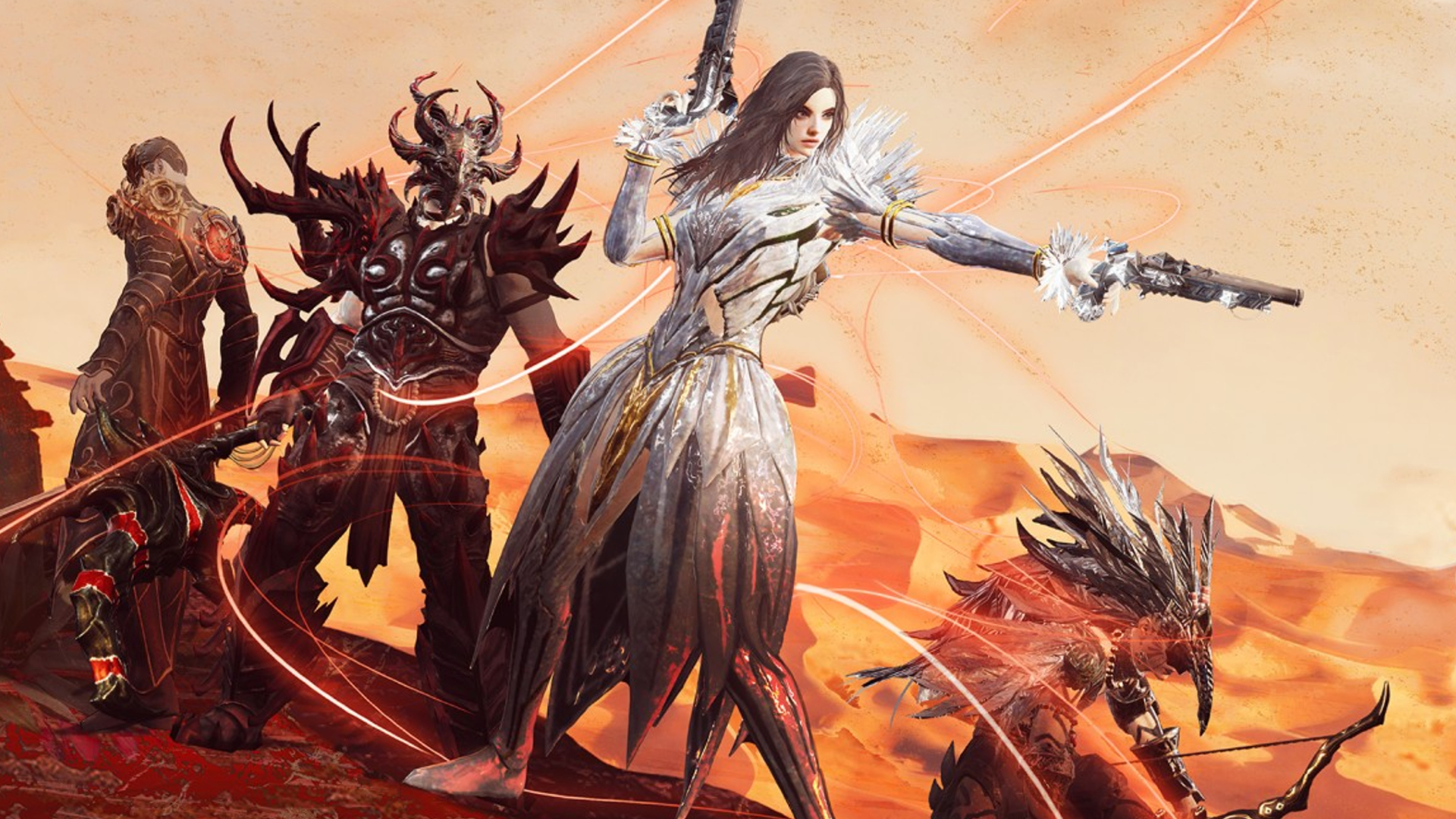 Four people in armour stand atop a desert landscape. The far left one faces away from camera in black armour, a barbarian with their face covered by a mask stands next to them. A female with medium-length brown hair and white shimmering armour duel wields guns, one held up and one pointing out to her right. Below her outstretched gun an archer crouches, their face obscured by an elaborate headdress.
