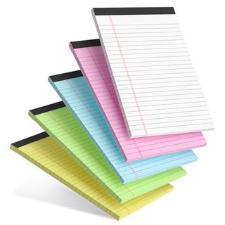 5 lined notepads in white pink blue green and yellow paper on white background 