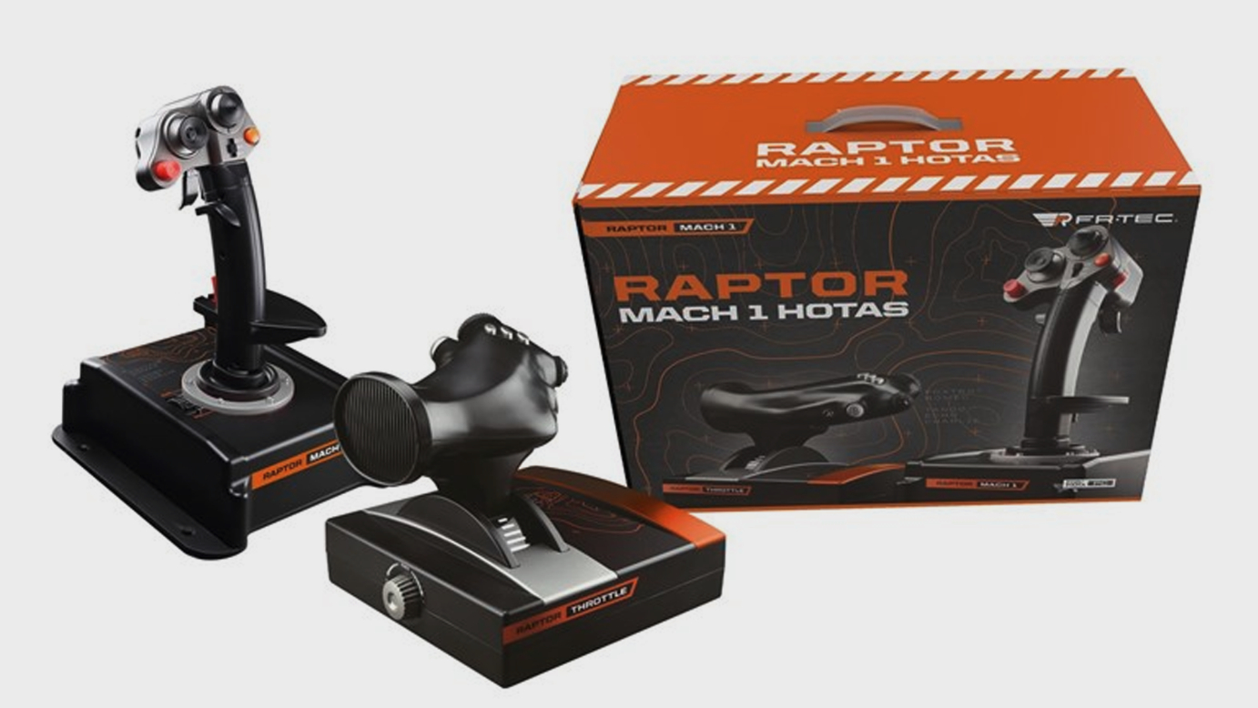 The FR-Tec Raptor Mach 1 Hotas combo with box on a grey background