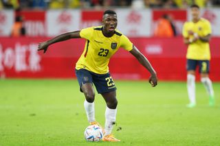 Moises Caicedo of Ecuador controls the ball during the international friendly match between Japan and Ecuador at Merkur Spiel Arena on September 27, 2022 in Duesseldorf, Germany.