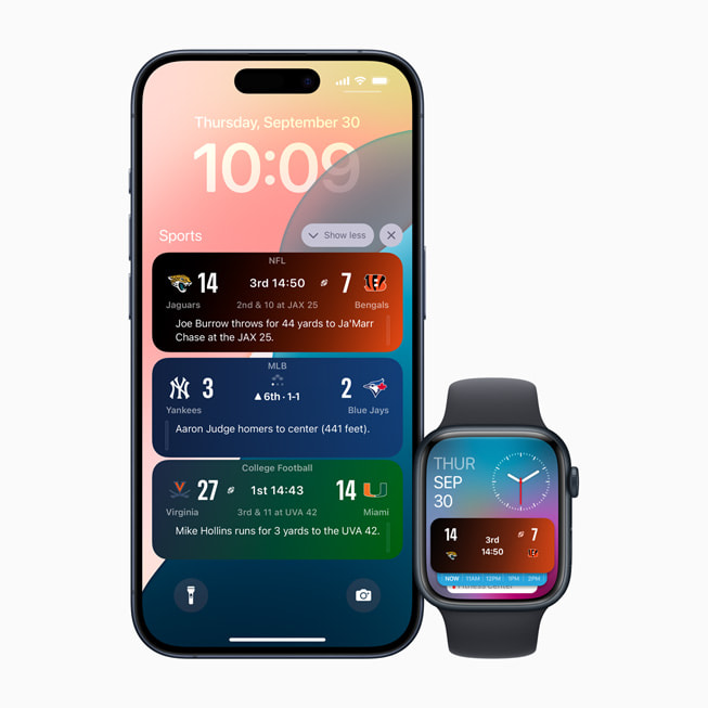 An iPhone and an Apple Watch both displaying live sports scores through the Live Activities feature