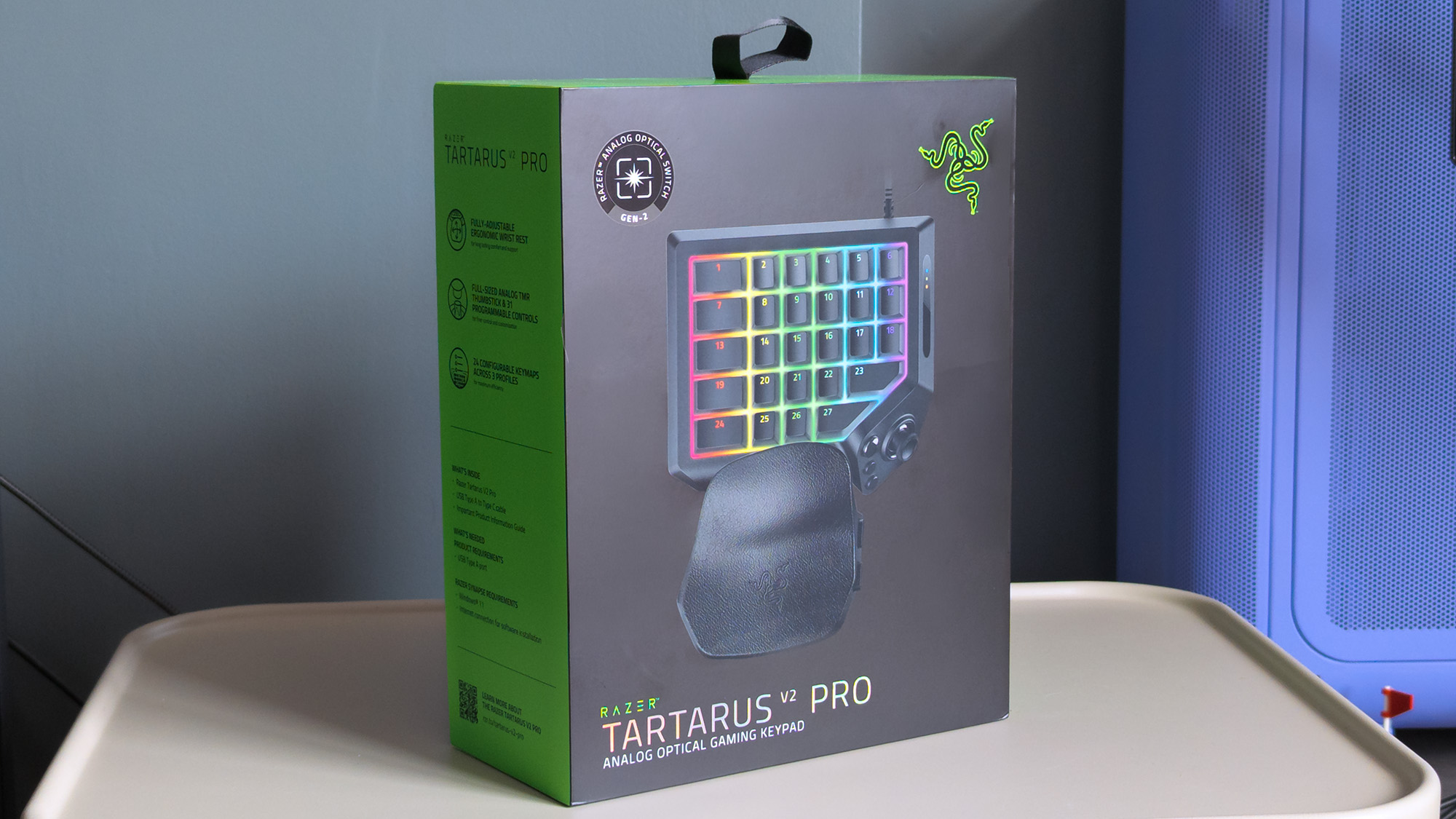 Razer Tartarus V2 Pro in retail packaging on a metal table