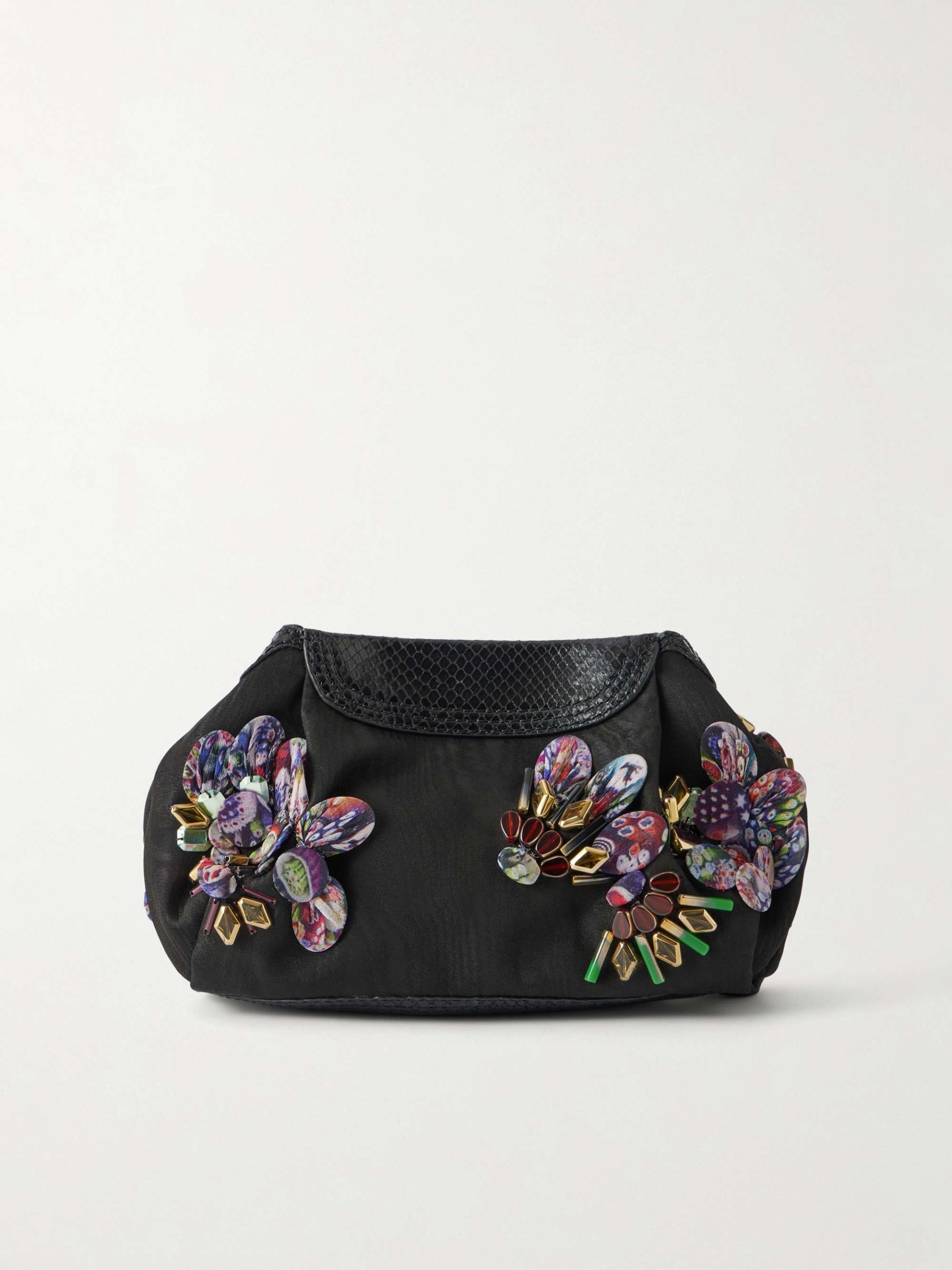 Bead-Embellished Snake-Effect Leather-Trimmed Clutch