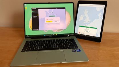 Norton VPN open on a Windows laptop and iPad