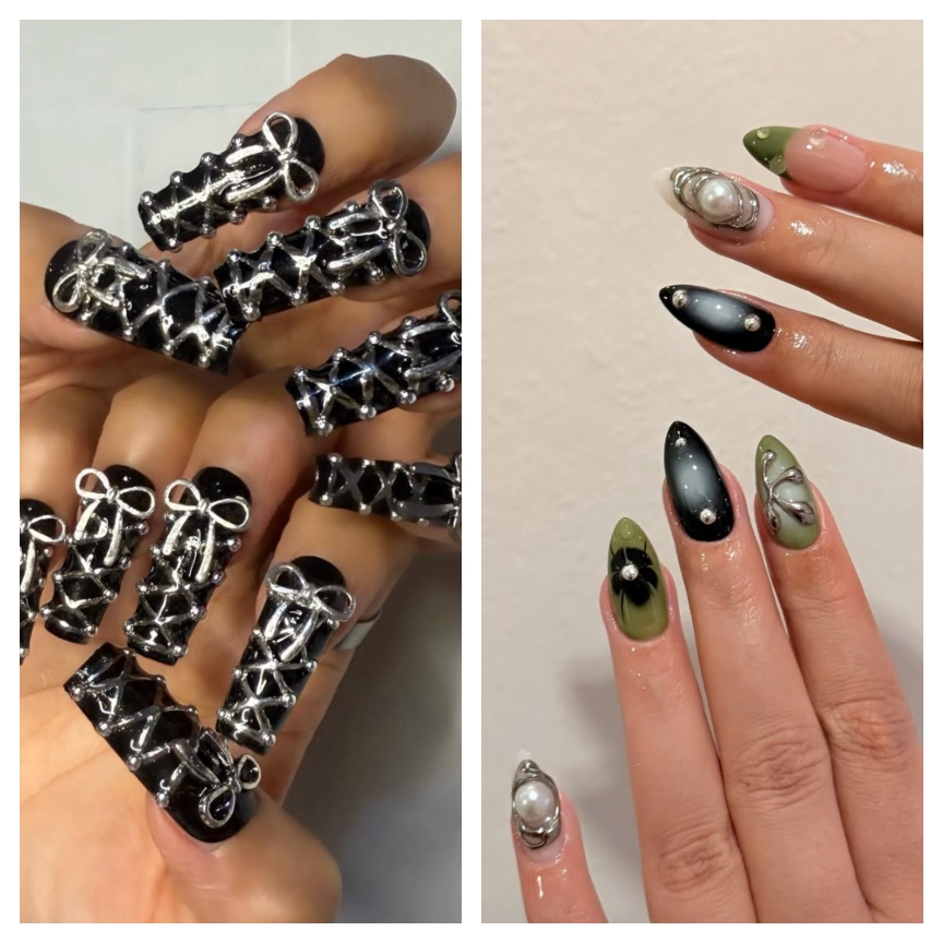two manicures side by side in a grid pattern with metallic and silver details