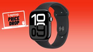 Black Apple Watch series 10 smartwatch against red gradient background