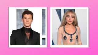 Shawn Mendes pictured in a black suit alongside a picture of Sabrina Carpenter wearing a silver embellished white mesh top as they attend the 2023 Vanity Fair Oscar Party hosted by Radhika Jones at Wallis Annenberg Center for the Performing Arts on March 12, 2023 in Beverly Hills, California/ in a pink template