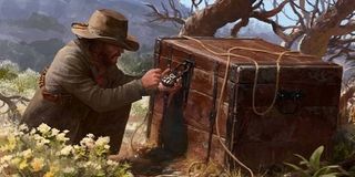 A cowboy loots a chest in Wild West Online concept art.