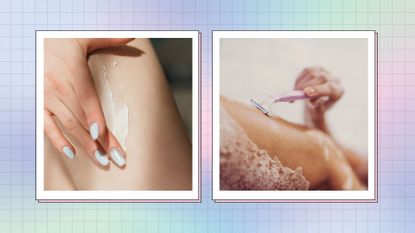 image of woman applying hair removal cream next image of woman shaving on a colorful pastel background