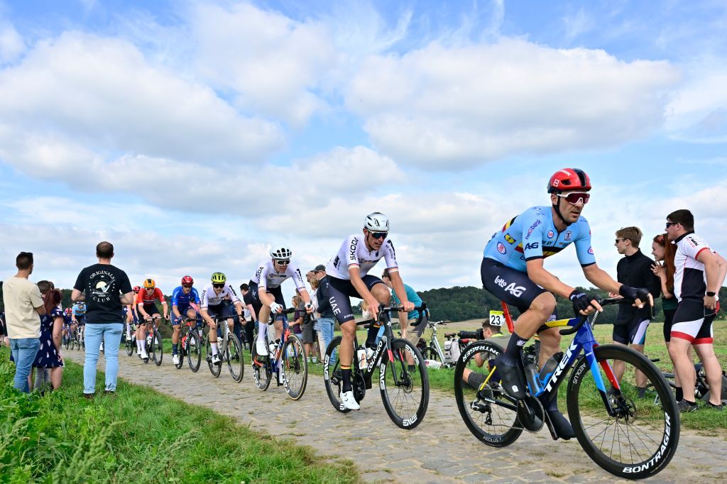 Belgian Edward Theuns pictured in action during the Men's Elite Road Race at the European Championship 2024, in Hasselt, Sunday 15 September 2024. The UEC Road European Championships 2024 will take place from 11 to 15 september in Limburg, Belgium. BELGA PHOTO DIRK WAEM (Photo by DIRK WAEM / BELGA MAG / Belga via AFP)