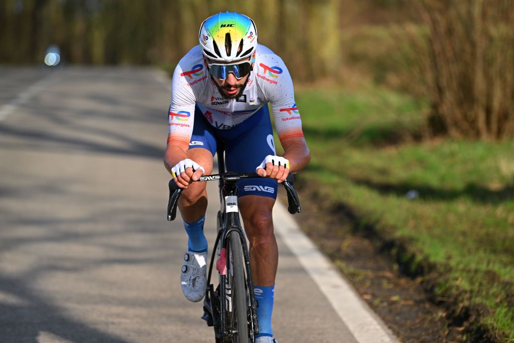 DOUR BELGIUM FEBRUARY 27 Anthony Turgis of France and Team TotalEnergies competes in the chase group during the 56th Le Samyn 2024 a 2043km one day race from Quaregnon to Dour on February 27 2024 in Dour Belgium Photo by Luc ClaessenGetty Images