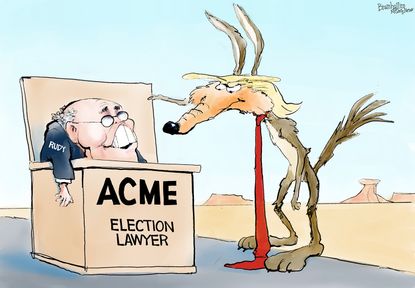 Political Cartoon U.S. Trump Giuliani Road Runner Wile E Coyote
