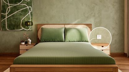 Green grounding sheets on a bed against a green wall.