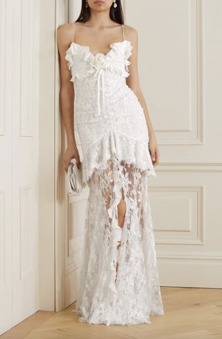 Embellished Ruffled Cotton-Blend Lace Gown