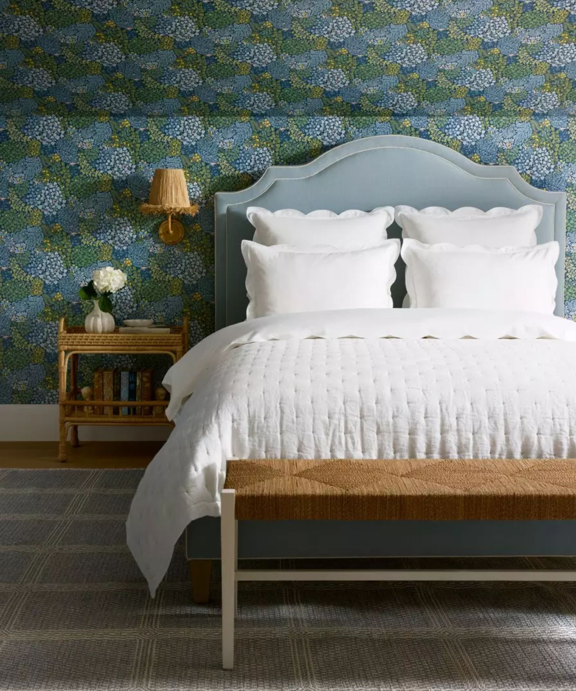 coastal bedroom with floral green and blue wallpaper by serena and lily
