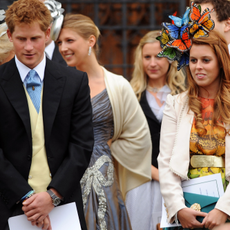 Prince Harry stands with cousin Princess Beatrice at the wedding of Peter Phillips to Autumn Kelly, at St George's Chapel in Windsor Castle on May 17, 2008 in Windsor, England.