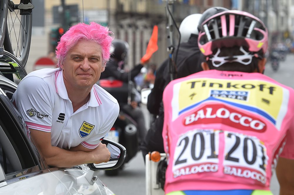 Oleg Tinkov and his pink hair preside over the peloton