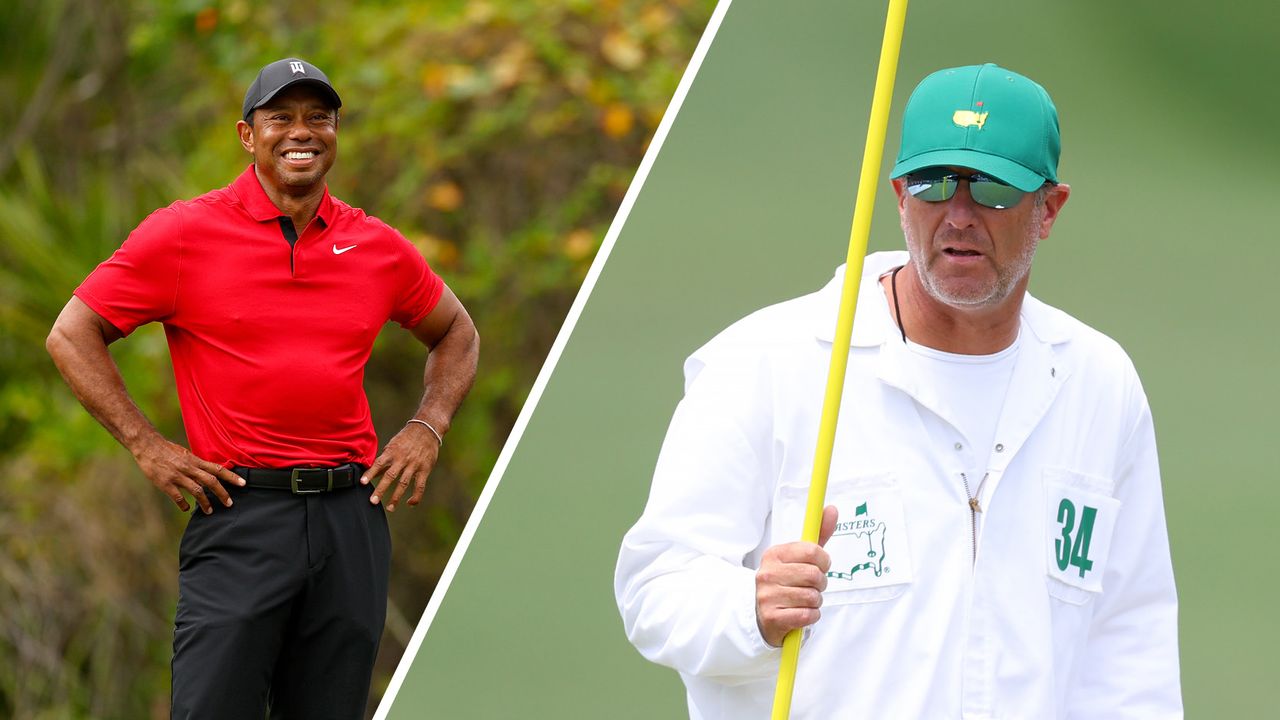 A split screen of Tiger Woods and caddie Lance Bennett