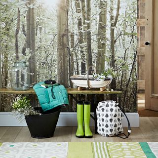 hallway with woodland backdrop and backpack