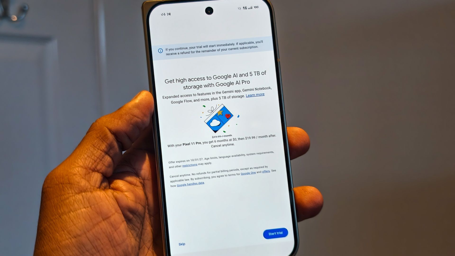 Promo splash screen for six months free of Google AI Pro bundle with the Google Pixel 11 Pro Fold