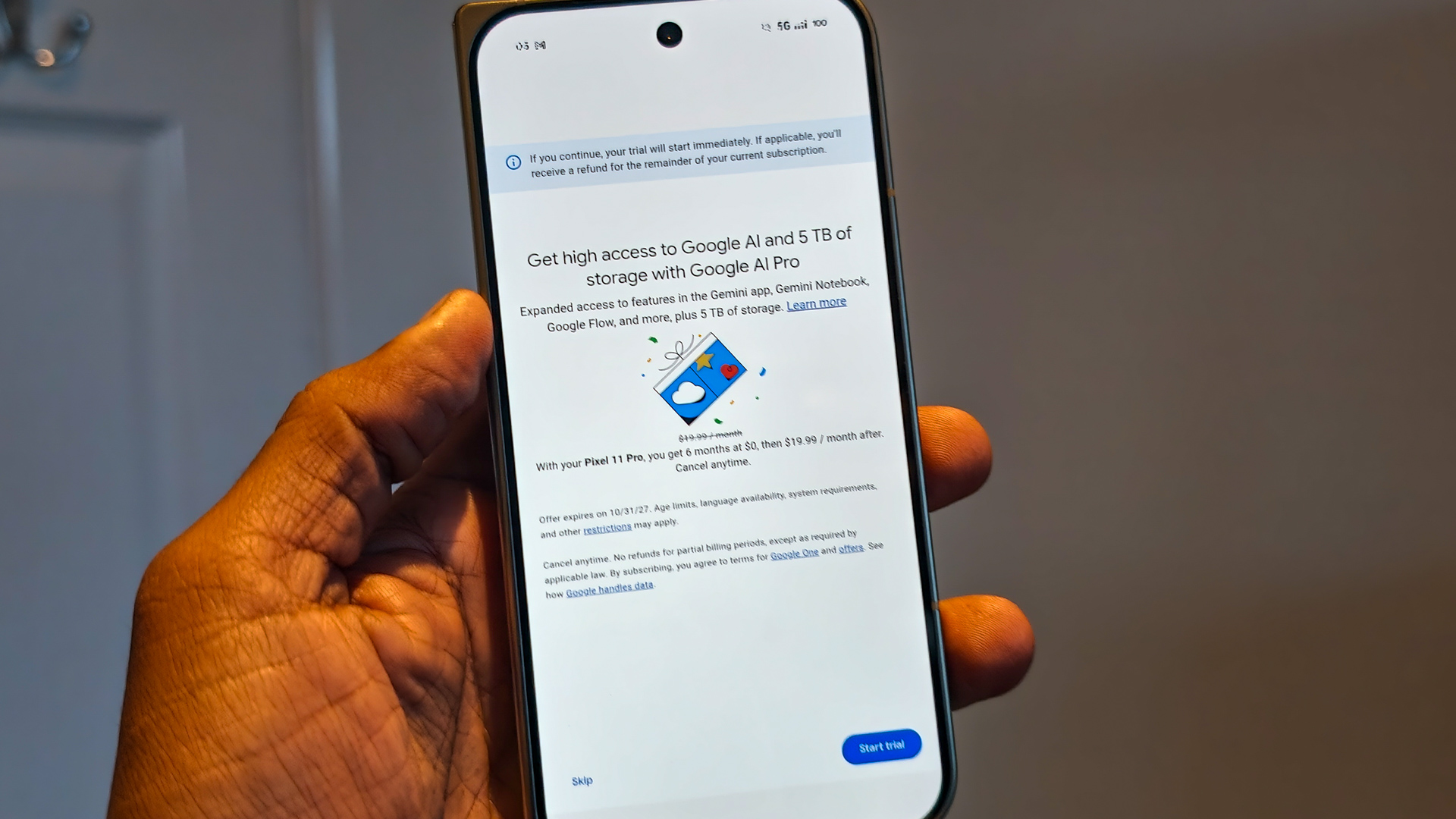 Promo splash screen for six months free of Google AI Pro bundle with the Google Pixel 11 Pro Fold
