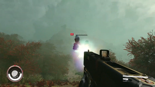 En skärmdump från en Starfield-trailer som visar ett upphöjt vapen som skjuter mot en fiende.