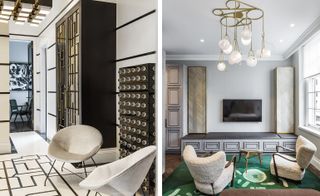 The photo on the left shows two armchairs in grey velvet set on the black & white marble floor. The photo to the right shows two white armchairs, with wooden armrests on a green carpet, in front of the entertainment centre.