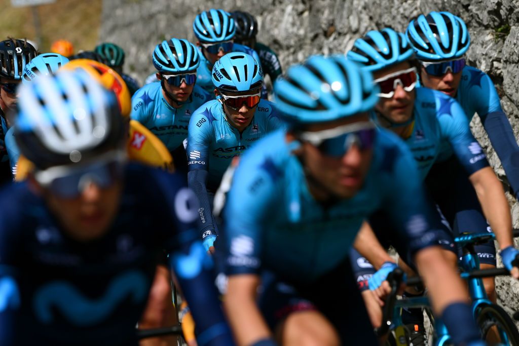 SAN MARTINO DI CASTROZZA ITALY APRIL 18 Miguel ngel Lpez Moreno of Colombia and Team Astana Qazaqstan competes during the 45th Tour of the Alps 2022 Stage 1 a 1609km stage from Cles to PrimieroS Martino di Castrozza 708m TouroftheAlps on April 18 2022 in San Martino di Castrozza Italy Photo by Tim de WaeleGetty Images