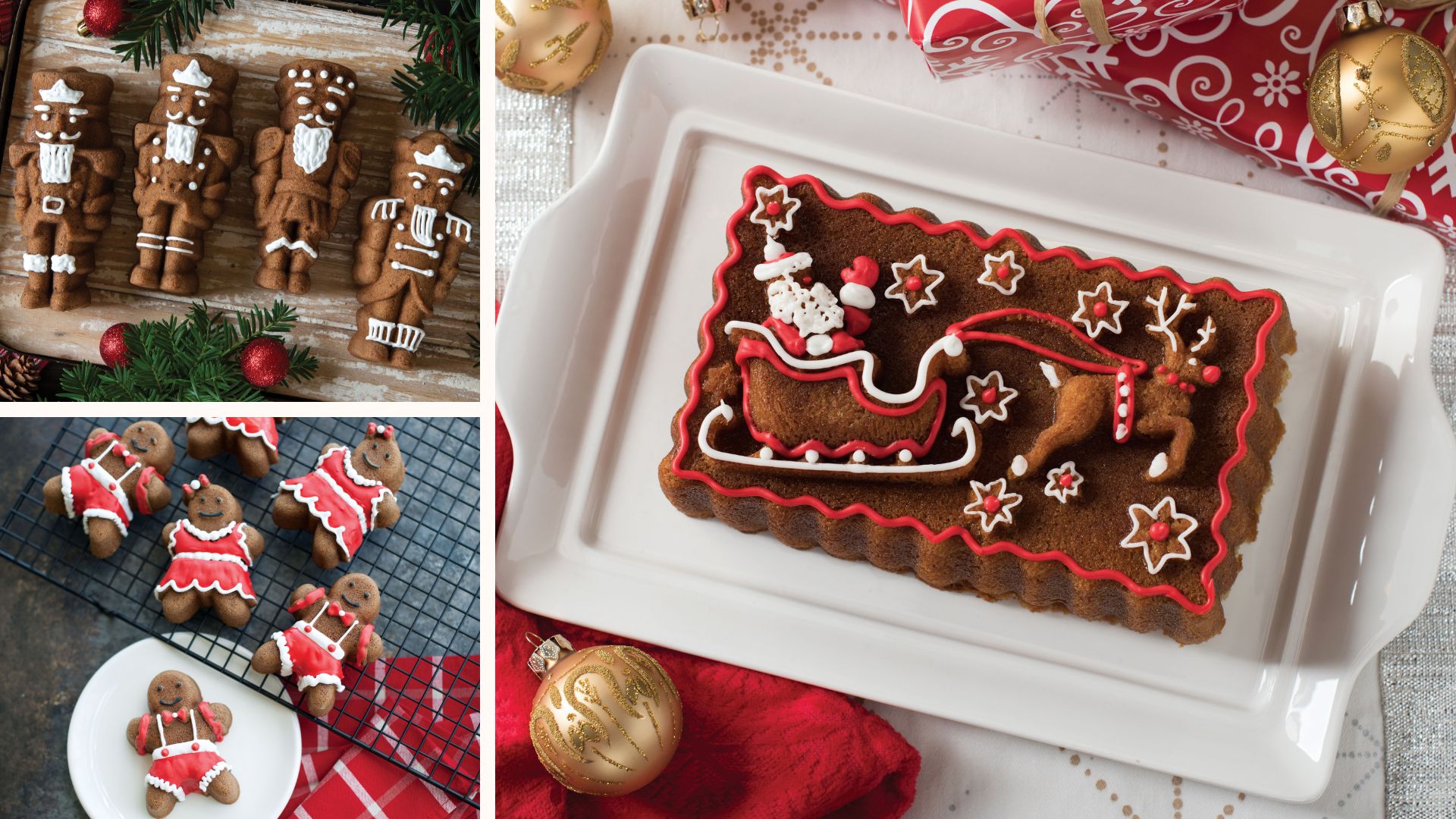 compilation of Christmas bakes made using Christmas cake tins