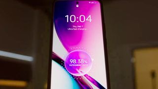 A Realme phone being charged using Realme's new Supersonic Charge tech