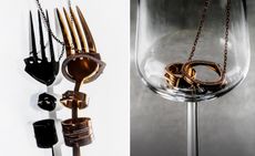 rings on a gold fork and in a wine glass
