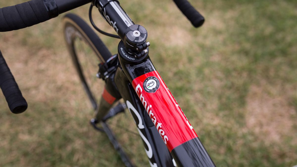 The UCI approval sticker is strangely located at the head of the top tube