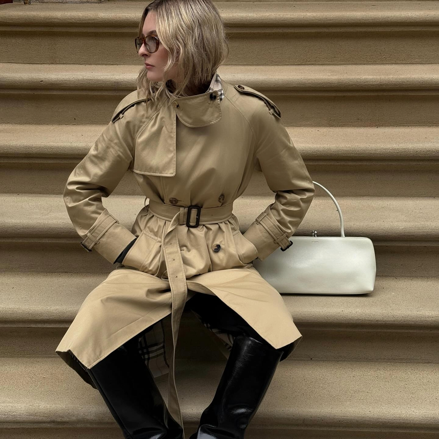 Christie Tyler in a Burberry trench coat